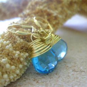 Ocean Blue Quartz Earrings, Wire Wrapped Dangle..
