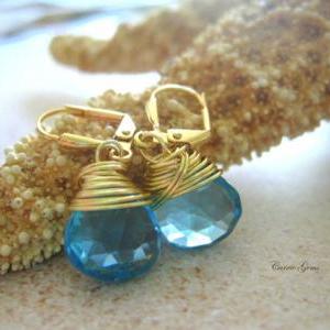 Ocean Blue Quartz Earrings, Wire Wrapped Dangle..