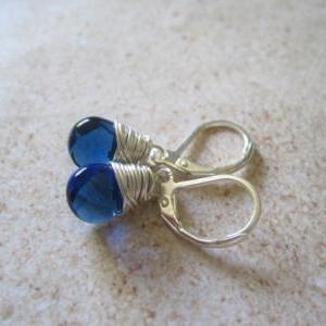 Royal Blue Quartz Earrings, Wire Wrapped Dangle..