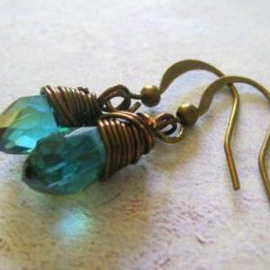 Teal Blue Crystal Earrings, Wire Wrapped Dangle..