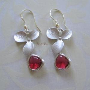 Silver Orchid With Garnet Red Earrings, Sterling..