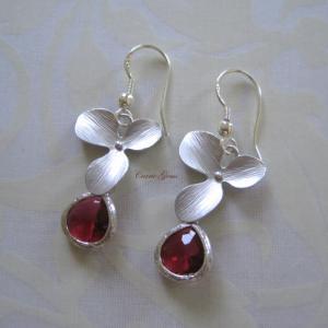 Silver Orchid With Garnet Red Earrings, Sterling..