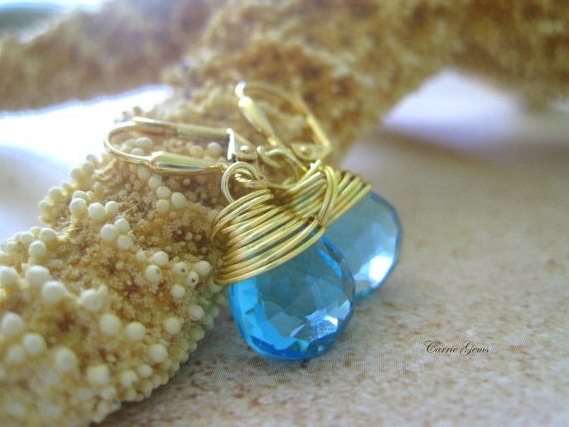 Ocean Blue Quartz Earrings, Wire Wrapped Dangle Earrings, Bridesmaid Gifts, Gemstone Jewelry, Beach Jewelry