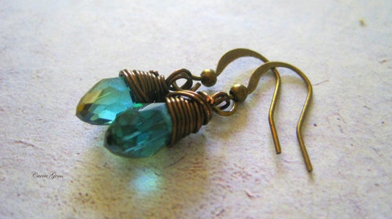 Teal Blue Crystal Earrings, Wire Wrapped Dangle Earrings, Gemstone Jewelry