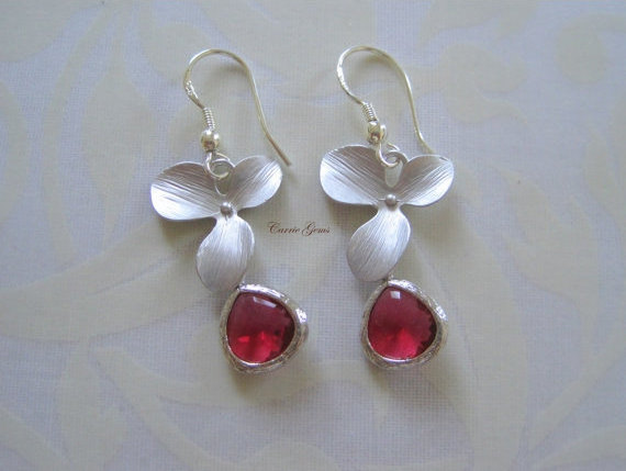 Silver Orchid With Garnet Red Earrings, Sterling Silver Hook, Bridesmaid Gifts